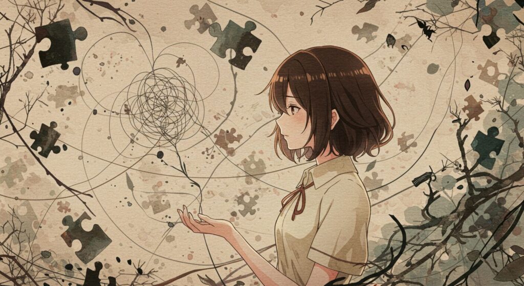 ライトノベル『神様のビオトープ』の登場人物たちが抱える秘密と人間ドラマを象徴する、水彩画風のミステリアスなイラスト