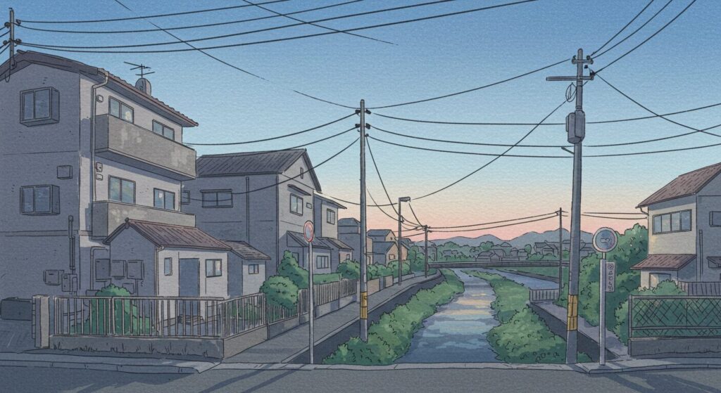 ライトノベル『神様のビオトープ』の舞台となる町の夕暮れの風景を描いた、ノスタルジックで美しい水彩画風イラスト