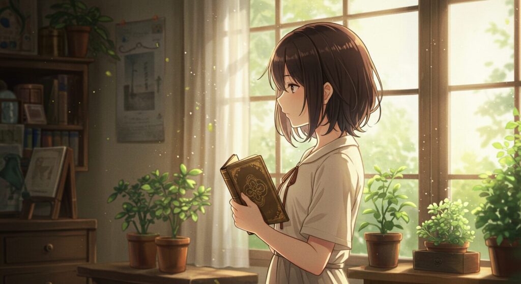 ライトノベル『神様のビオトープ』の主人公うる波が、光差す部屋で本を手に物思いにふける、水彩画風の静かで美しいイラスト
