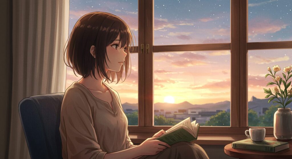 ライトノベル『神様のビオトープ』の主人公うる波が、夕暮れの窓辺で読後の余韻に浸る、水彩画風の静かで美しいイラスト