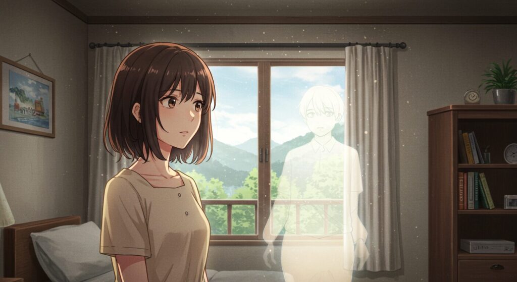 ライトノベル『神様のビオトープ』の主人公うる波と夫の幽霊との出会いを描いた、幻想的で優しい水彩画風イラスト