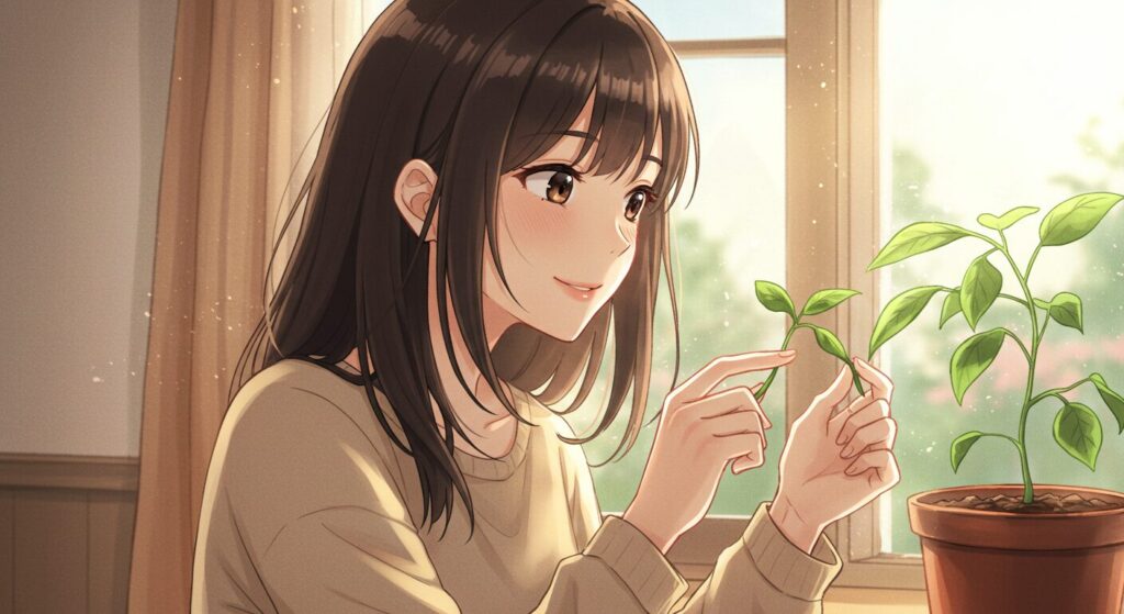 ライトノベル『神様のビオトープ』の主人公うる波が、窓辺の植物に優しく触れる、温かく癒やされる雰囲気の水彩画風イラスト
