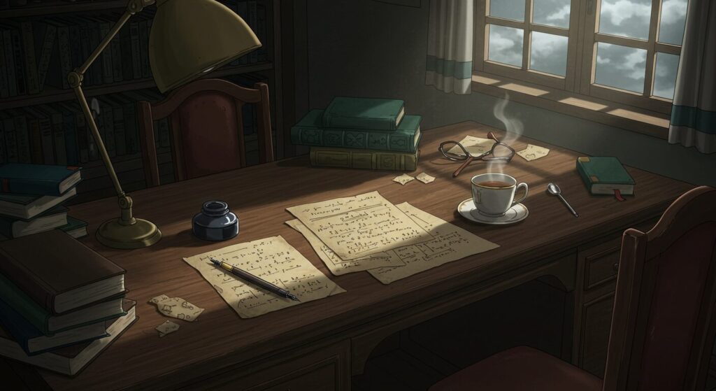 作家・河野裕の創造性を象徴する書斎のイメージ、アニメ調イラスト。ミステリアスで知的な雰囲気