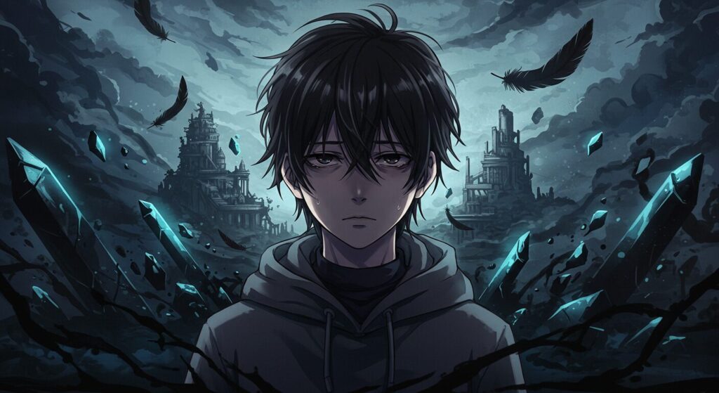 ライトノベル『凶器は壊れた黒の叫び』の魅力を凝縮した表紙風イメージのアニメ調イラスト。物語への誘いを表現