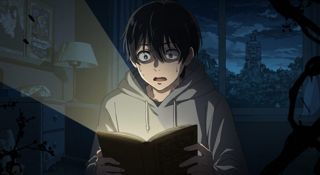 ライトノベル『凶器は壊れた黒の叫び』の主人公・七草が物語の核心に迫る緊迫したシーンのアニメ調イラスト