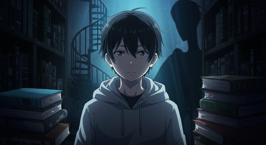 ライトノベル『凶器は壊れた黒の叫び』の主人公・七草が物語の深遠な魅力に触れるアニメ調イラスト
