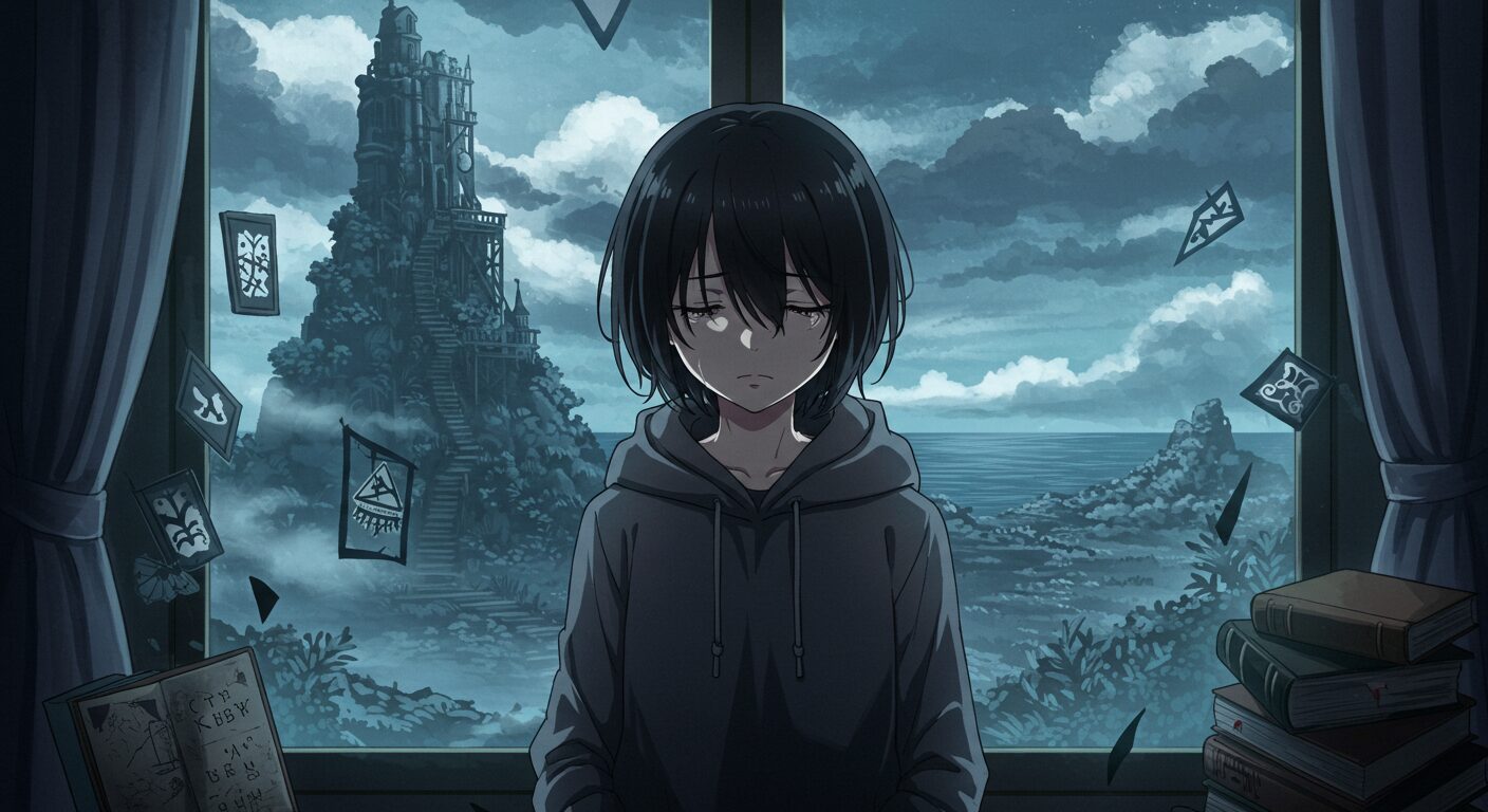 ライトノベル『凶器は壊れた黒の叫び』の登場人物・七草が謎めいた階段島を背景に物憂げに佇むアニメ調イラスト。作品のミステリアスで切ない雰囲気を表現