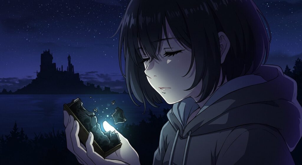 ライトノベル『凶器は壊れた黒の叫び』の主人公・七草が謎めいたオブジェクトを見つめるアニメ調イラスト。作品のミステリアスな魅力と深層を表現