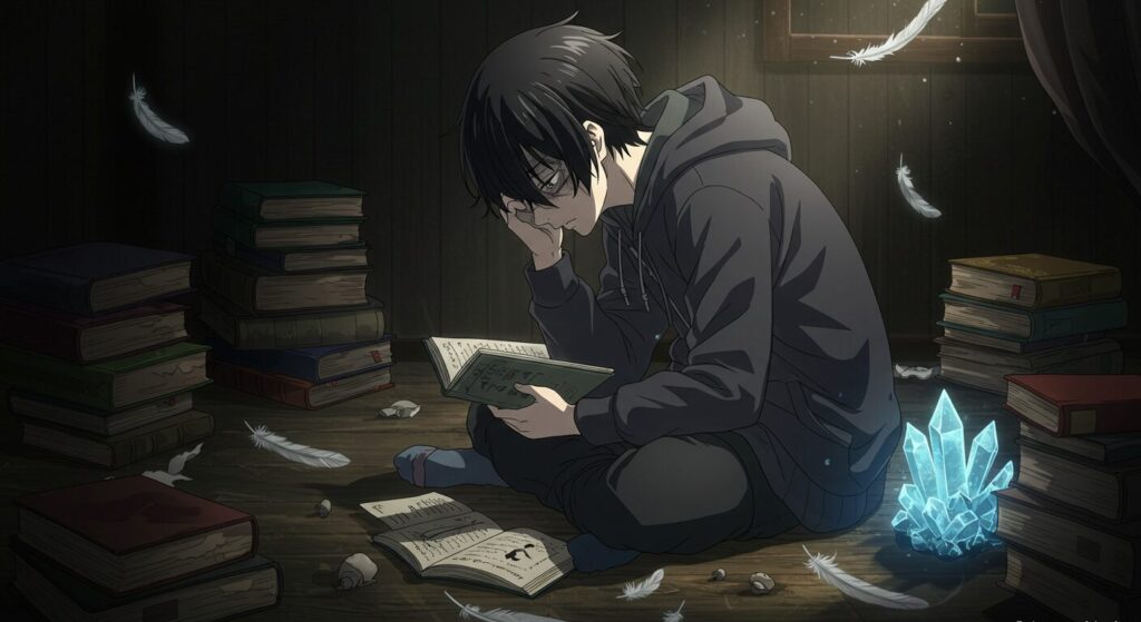 ライトノベル『凶器は壊れた黒の叫び』の主人公・七草が静かな部屋で読書に没頭するアニメ調イラスト。作品世界の没入感を表現