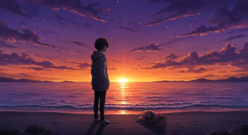 ライトノベル『凶器は壊れた黒の叫び』の切ない雰囲気を漂わせる主人公・七草のアニメ調イラスト