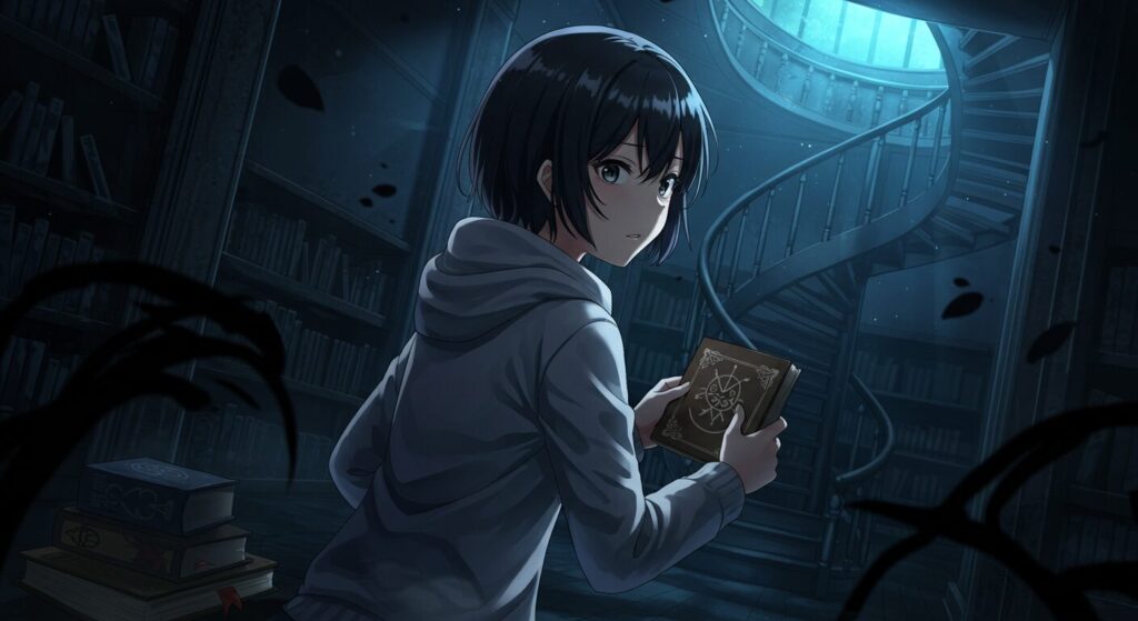 ライトノベル『凶器は壊れた黒の叫び』の主人公・七草が謎めいた物語の始まりを予感させるアニメ調イラスト