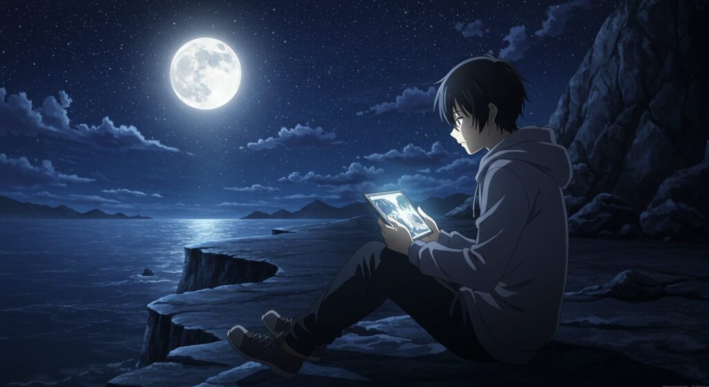 ライトノベル『凶器は壊れた黒の叫び』の主人公・七草が夜空の下タブレットで読書に没頭するアニメ調イラスト。電子書籍での読書体験の魅力を表現