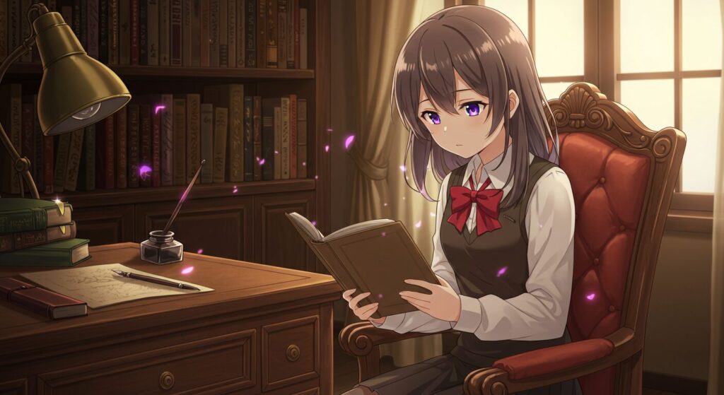 ライトノベル『紫色のクオリア』の作者うえお久光先生と作品の刊行情報をイメージしたイラスト。書斎と本が描かれている