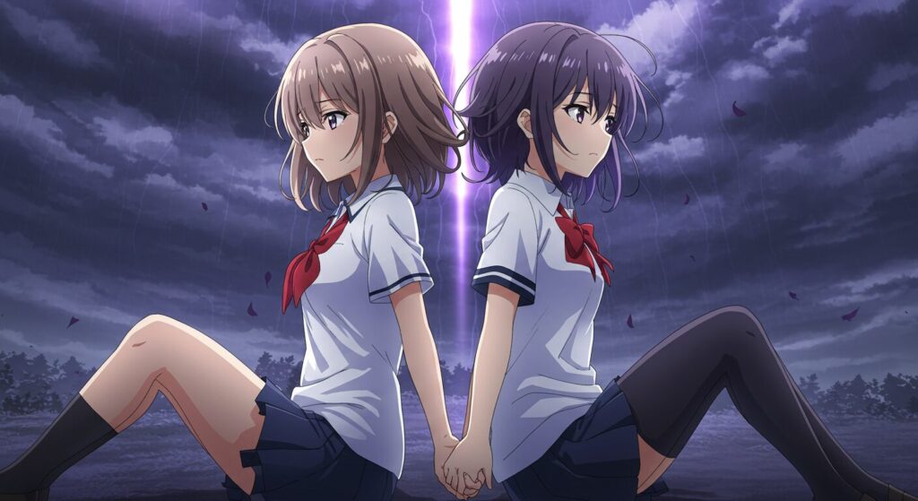 ライトノベル『紫色のクオリア』の主人公たちの友情と関係性の変化をイメージしたイラスト。二人の少女が手を繋ぎ、困難に立ち向かう様子