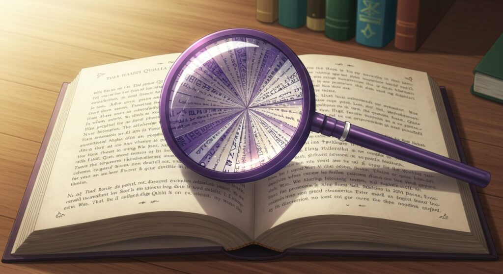 ライトノベル『紫色のクオリア』を繰り返し読むことで深まる味わいと新たな発見を象徴するイラスト。万華鏡と開かれた本