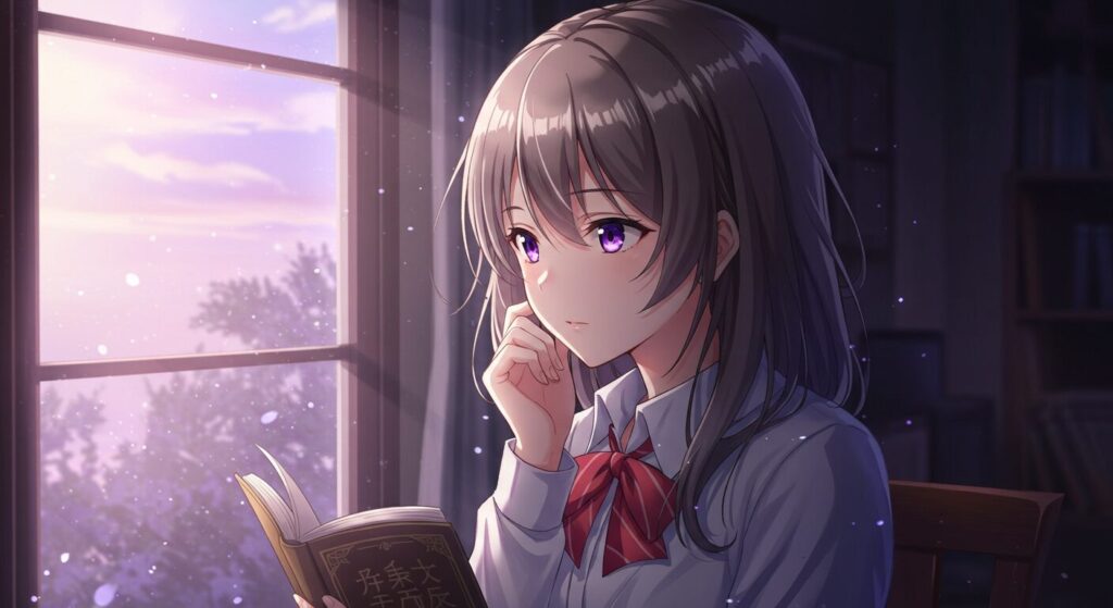 ライトノベル『紫色のクオリア』の読者の感想・評価をイメージしたイラスト。主人公・毬井ゆかりが静かに読書し、物語の世界に思いを馳せる様子