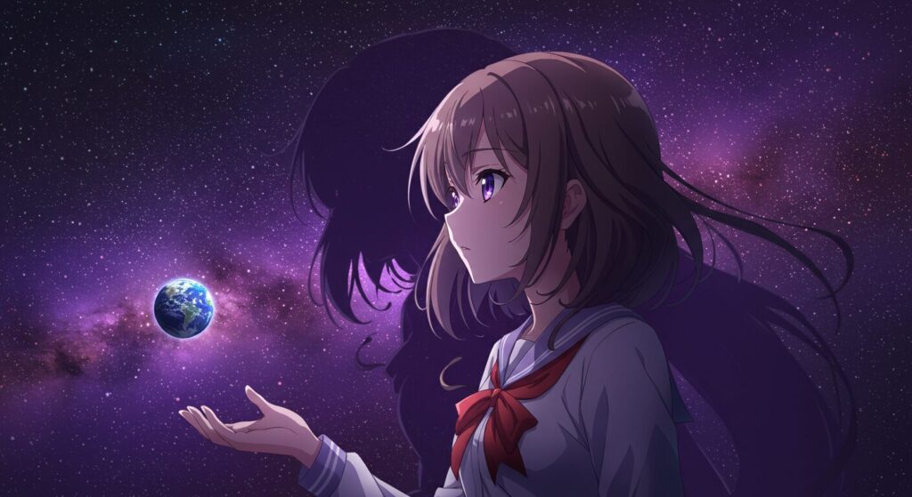 ライトノベル『紫色のクオリア』がセカイ系作品であることを象徴するイラスト。少女と宇宙、そして絆のイメージ