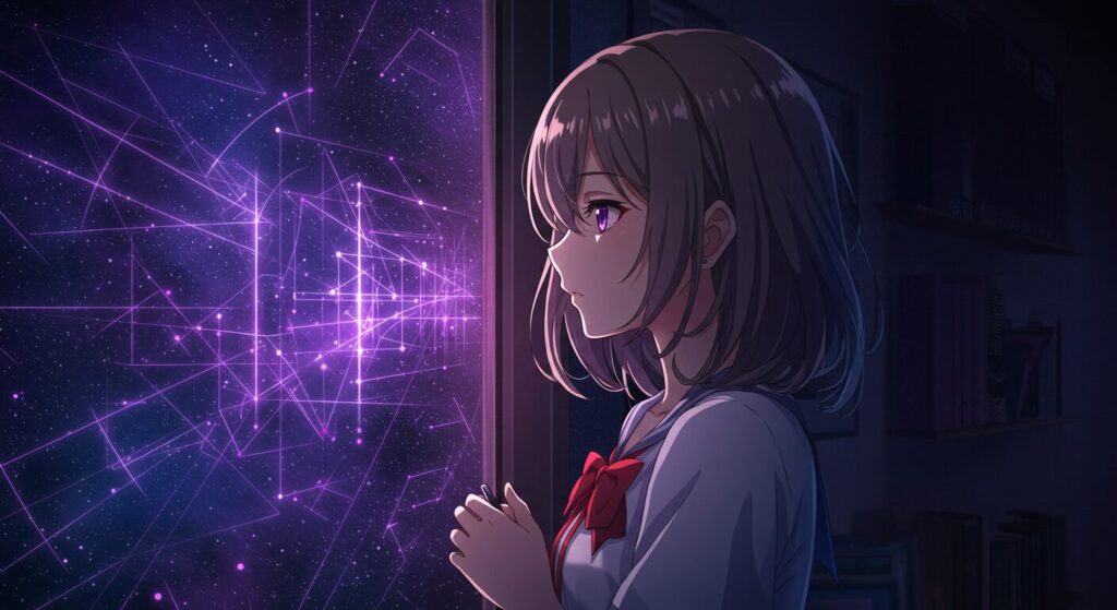 ライトノベル『紫色のクオリア』のSF設定と深遠なテーマを象徴するイラスト。主人公・毬井ゆかりが量子的な世界を背景に思索する様子