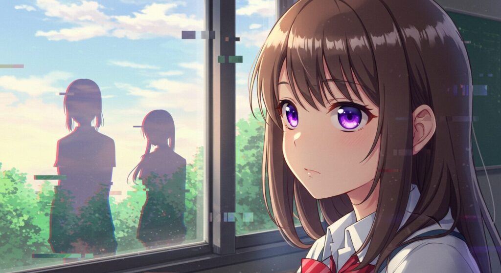 ライトノベル『紫色のクオリア』のネタバレなしあらすじをイメージしたイラスト。主人公・毬井ゆかりが「人間がロボットに見える」世界で日常と非日常の狭間にいる様子