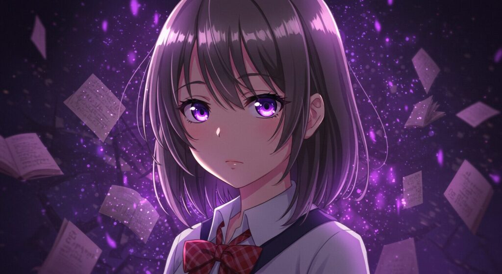 ライトノベル『紫色のクオリア』の主人公・毬井ゆかりが、作品のSF的で神秘的な世界観を背景に佇むイラスト
