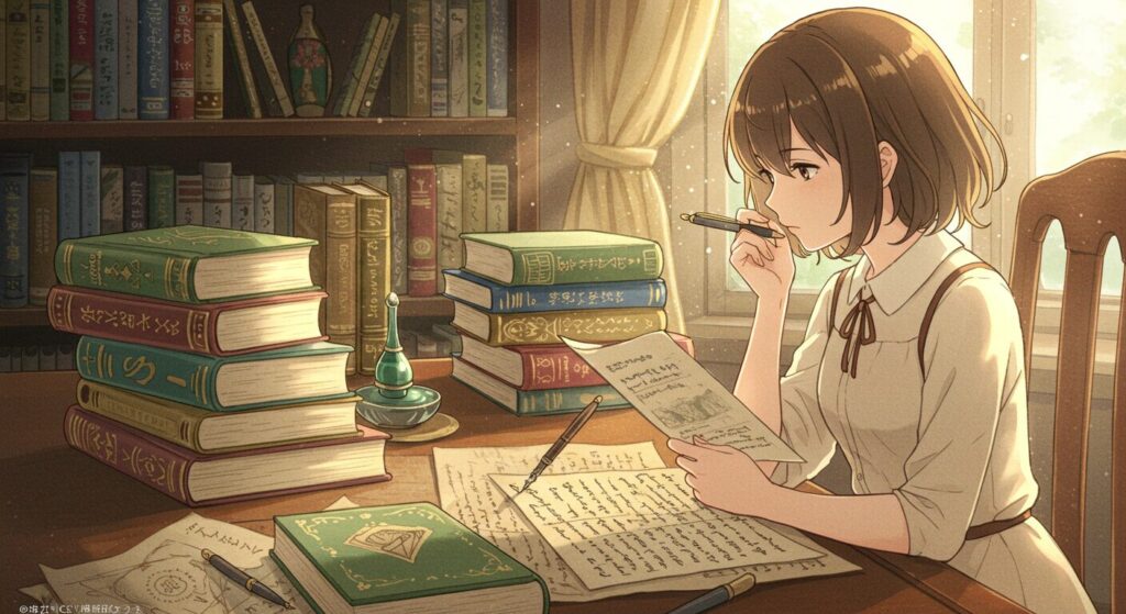 作家・凪良ゆう先生の著作をイメージさせる、書斎に積まれた本と万年筆が描かれた文学的な水彩画風イラスト