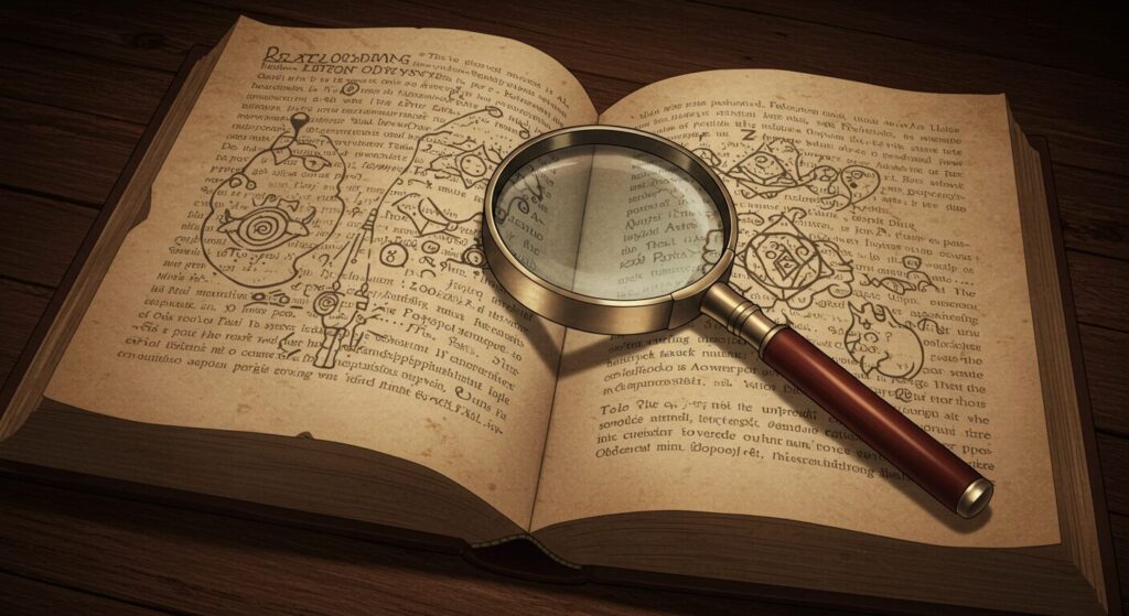 世界樹の棺の再読イメージ。開かれた本と虫眼鏡が描かれた、伏線発見や理解の深化を象徴するダークなアニメ調イラスト