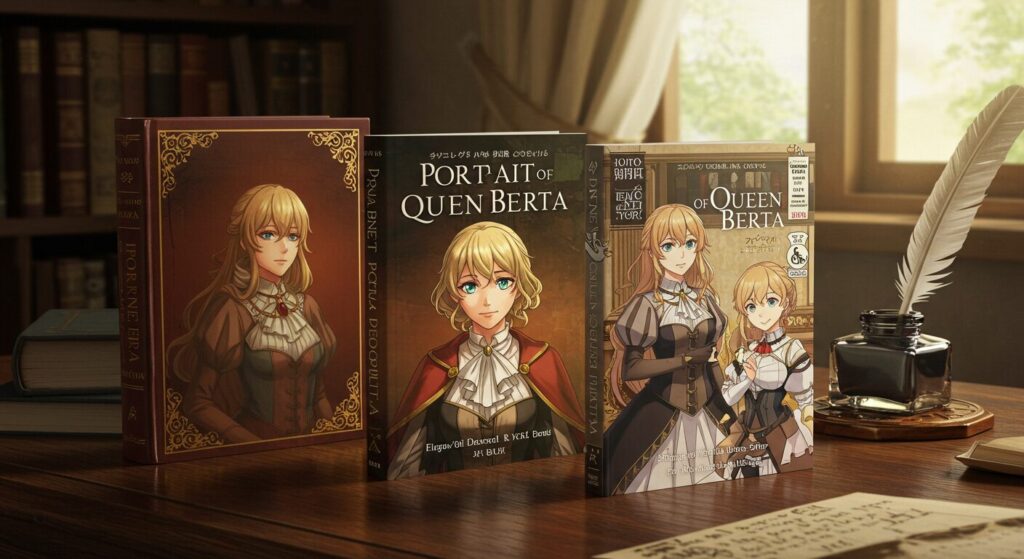 「王妃ベルタの肖像」の小説版とコミック版が並べられ、どちらから読むか選ぶ楽しさを表現したイラスト