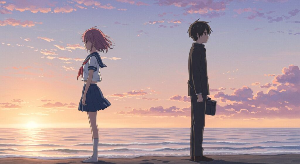 アニメ風水彩画。夕暮れの浜辺に立つセーラー服の少女「奈月」と学生服の少年。二人の間には切なくも穏やかな空気が流れる。『終わる世界のアルバム』のキャラクターの魅力を象徴するイメージ