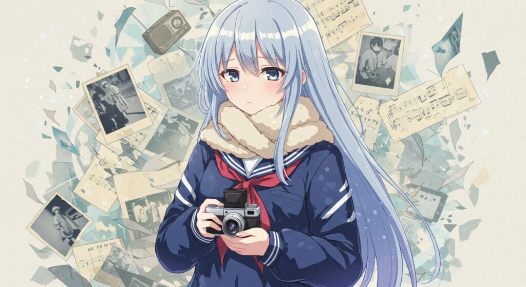 アニメ風水彩画。古いカメラを手に物思いにふけるセーラー服の少女「奈月」。背景には写真の断片や楽譜が舞い、ミステリアスで幻想的な雰囲気。『終わる世界のアルバム』の見どころと考察ポイントを象徴するイメージ
