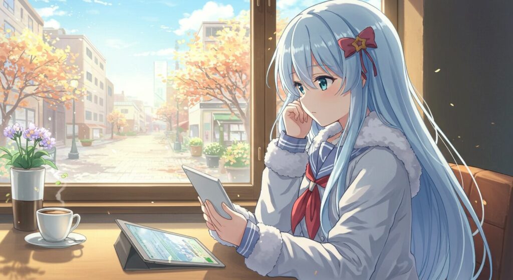 アニメ風水彩画。カフェでタブレットを使い読書をするセーラー服の少女「奈月」。落ち着いた雰囲気で物語に没頭している。『終わる世界のアルバム』を電子書籍で読むメリットをイメージした作品関連画像