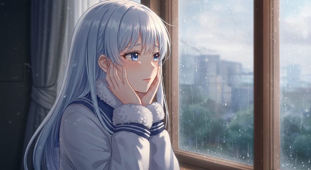 アニメ風水彩画。窓辺で雨を眺め、頬に手をやり涙ぐむセーラー服の少女「奈月」。切なくも美しい感動的なシーンをイメージした作品関連画像