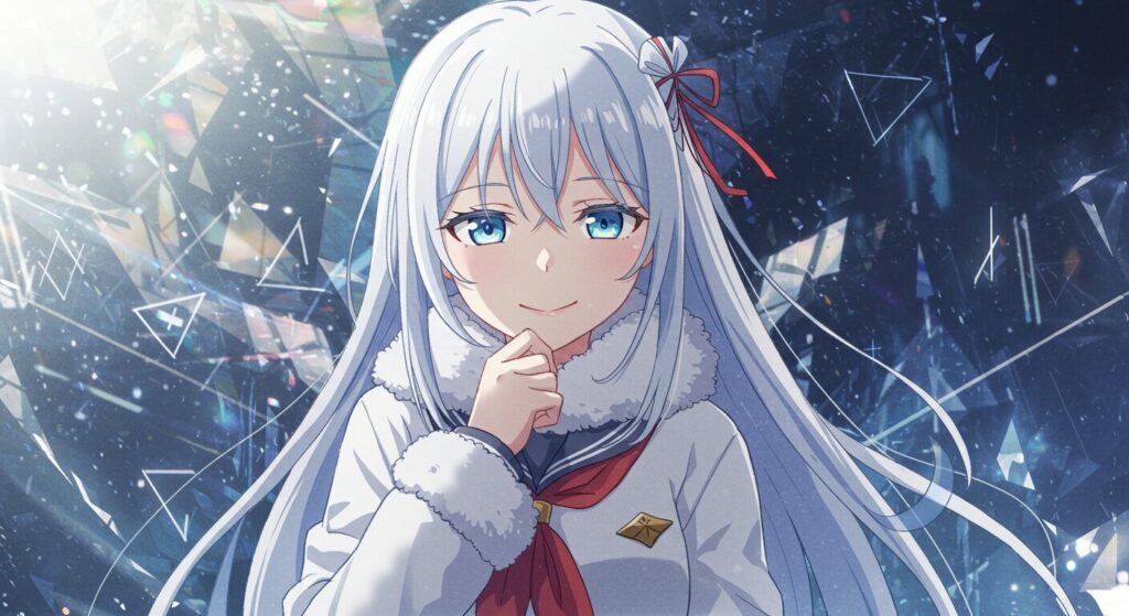 アニメ風水彩画。ミステリアスな微笑みを浮かべるセーラー服の少女「奈月」。背景には抽象的なシンボルが浮かび、彼女の謎めいた存在を暗示している。『終わる世界のアルバム』の考察イメージ