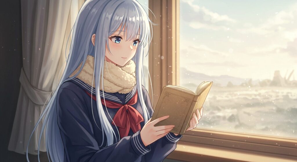 アニメ風水彩画。窓辺で古風な本を開くセーラー服の少女「奈月」。柔らかい光が差し込み、静かでノスタルジックな雰囲気を醸し出している。『終わる世界のアルバム』の読書や感想をイメージした作品関連画像