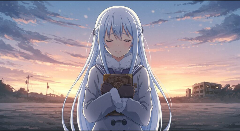 アニメ風水彩画。古びたアルバムを胸に抱き、目を閉じて物思いにふけるセーラー服の少女「奈月」。背景は美しい終末世界の夕焼け空。『終わる世界のアルバム』の切なく美しいあらすじを象徴するイメージ