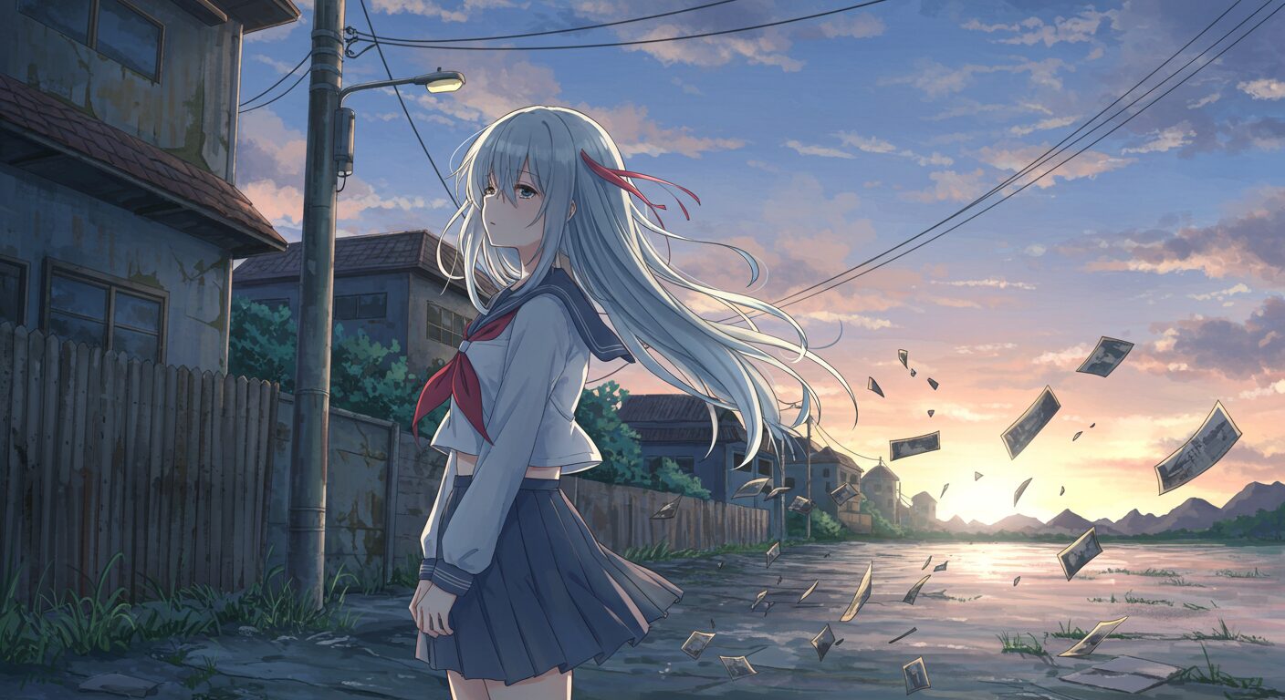 アニメ風水彩画。セーラー服姿の少女「奈月」が、風化した建物が並ぶ静かな街並みに佇む。物憂げな表情で、古びた写真の断片が舞い、夕暮れ時の切ない情景