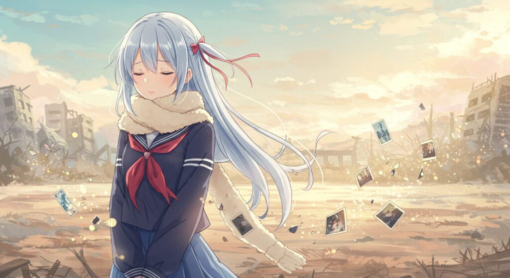 アニメ風水彩画。セーラー服の少女「奈月」が目を閉じ俯き、周囲に古い写真の断片が舞う。背景は淡い色彩の終末世界の風景。『終わる世界のアルバム』の切なくも美しい世界観を表現したイメージ