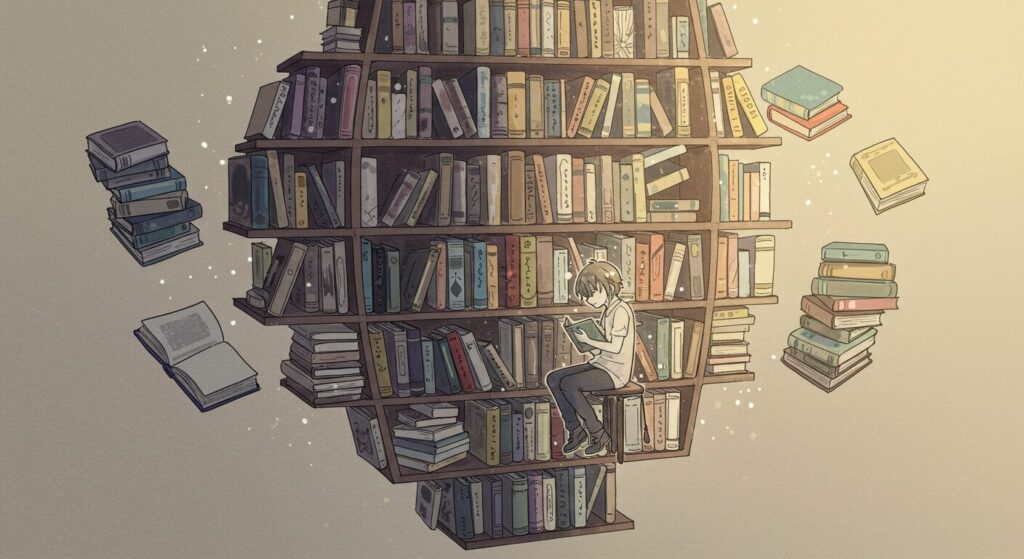 アニメ風水彩画。幻想的な書棚と読書をする人のシルエット。多くのレビューや感想が集まる読書サイトのイメージ。『終わる世界のアルバム』の評判を象徴する作品関連画像