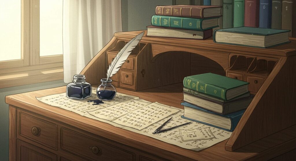 アニメ風水彩画。アンティークな机の上に置かれた羽根ペンとインク瓶、数冊の本。作家の書斎をイメージさせる静かで知的な雰囲気。『終わる世界のアルバム』の作者・杉井光先生の他作品を想起させる作品関連画像