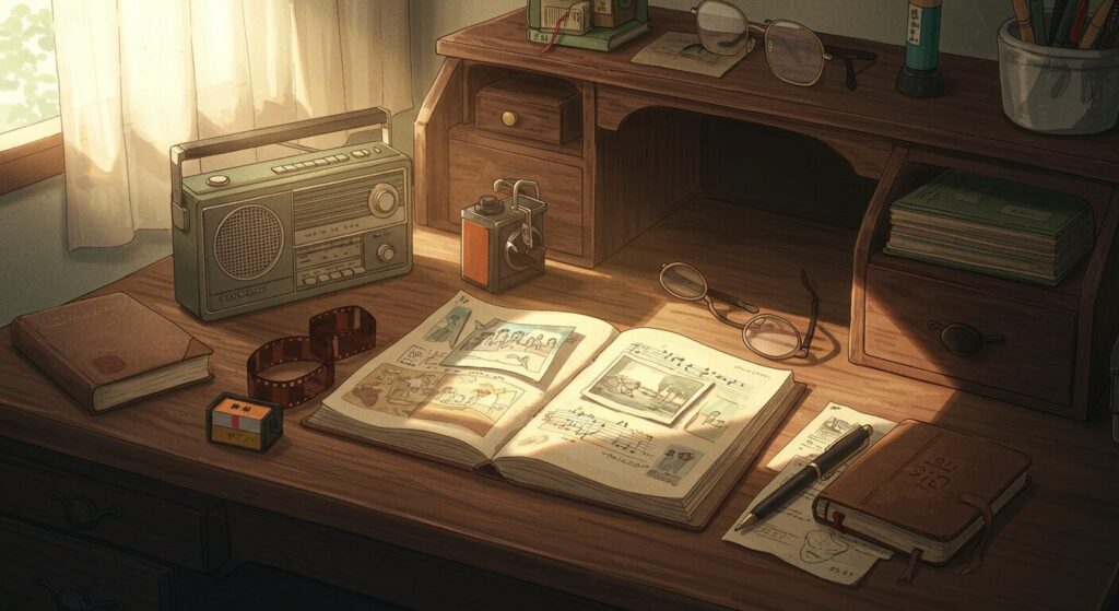 アニメ風水彩画。古いラジオ、フィルム、アルバム、日記などが置かれた机。物語に登場する音楽や小物の象徴性を表すイメージ。『終わる世界のアルバム』の考察
