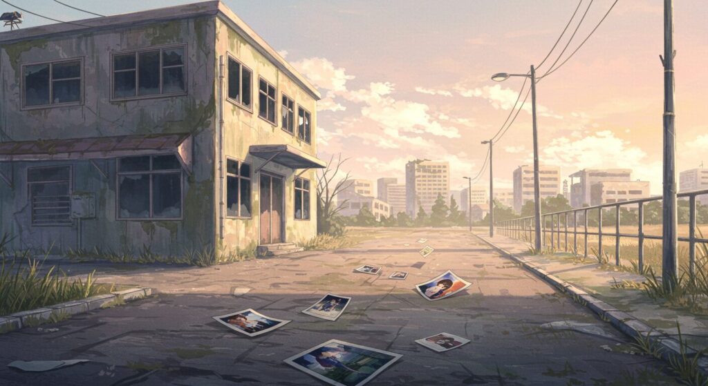 アニメ風水彩画。誰もいない静かな終末世界の街並み。地面には内容が不明な写真が散らばり、人が消える世界の独特な設定を象徴している。『終わる世界のアルバム』のイメージ