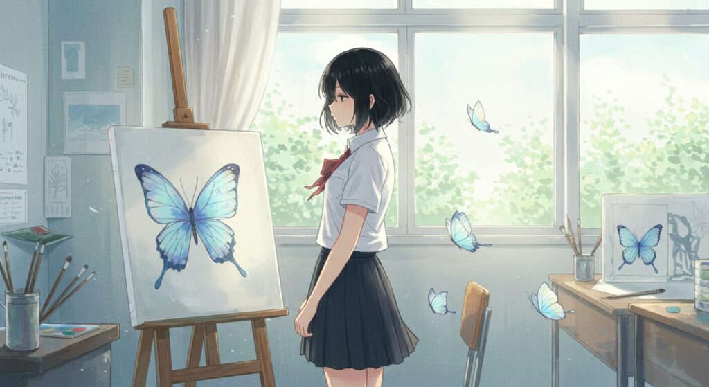 アニメ調水彩画風、『プシュケの涙』の美術室で描きかけの蝶の絵の前に佇む制服の少女と舞う蝶