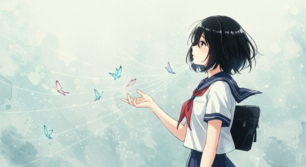 アニメ調水彩画風、『プシュケの涙』の制服の少女から伸びる光る糸と蝶、登場人物たちの人間関係の象徴