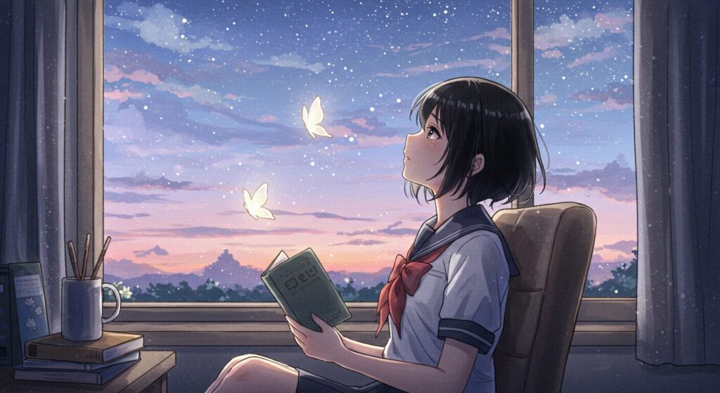 アニメ調水彩画風、『プシュケの涙』を読み終え薄暮の空を見上げる制服の少女と舞う蝶、読後の感動と余韻