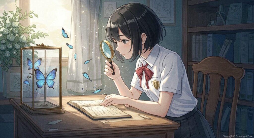 アニメ調水彩画風、『プシュケの涙』の伏線や考察を象徴する古い手帳と蝶の標本を虫眼鏡で見つめる制服の少女