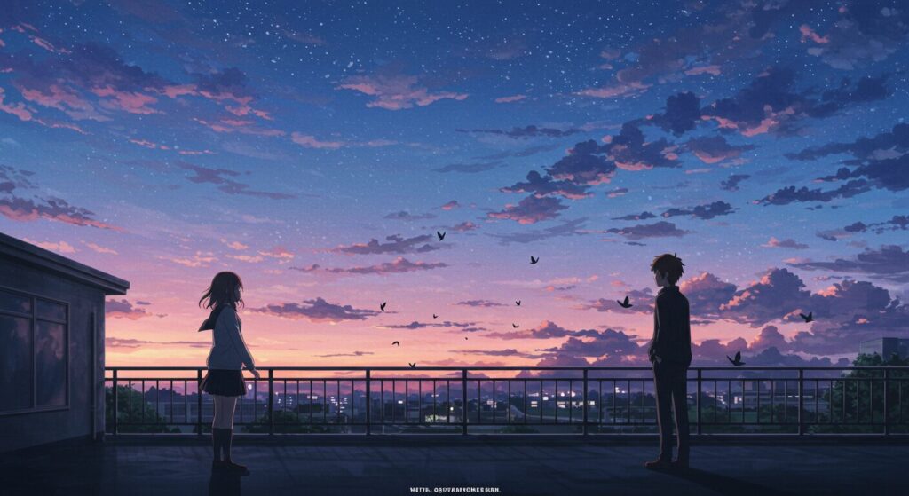 アニメ調水彩画風、『プシュケの涙』の登場人物たちの繊細な心理描写と変化する関係性を象徴する夕暮れの高校生