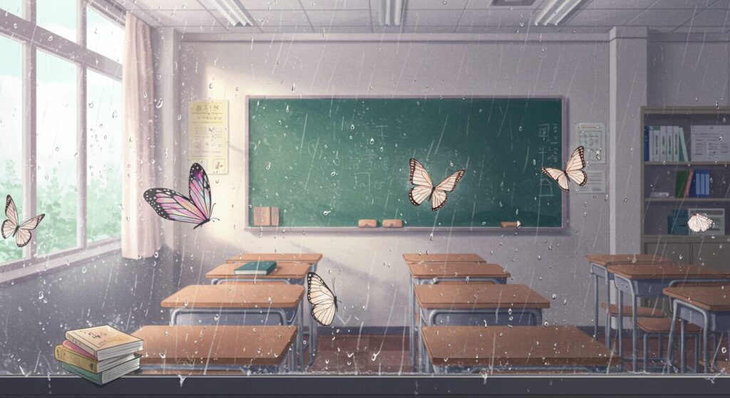 アニメ調水彩画風、『プシュケの涙』の切なさと感動を象徴する雨に濡れた窓と教室、蝶の羽