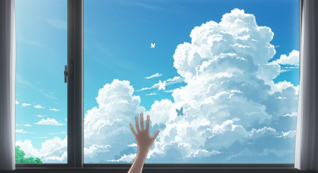 アニメ調水彩画風、『プシュケの涙』の物語の導入を象徴する高校の窓と蝶の影、夏の空