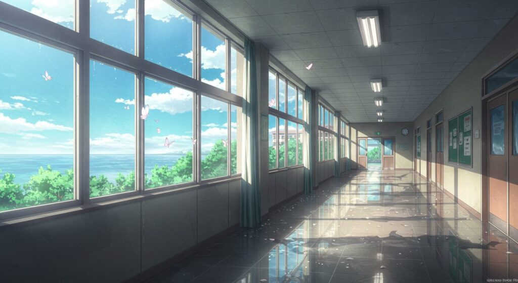 アニメ調水彩画風、『プシュケの涙』の透明感と切なさを象徴する雨上がりの高校の廊下と蝶