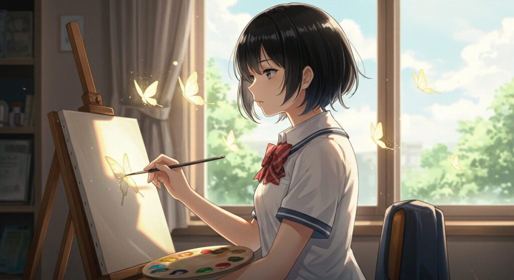 アニメ調水彩画風、『プシュケの涙』の悲劇のヒロイン吉野彼方が蝶の絵を描く姿、儚さと希望