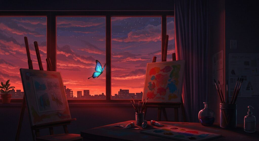 アニメ調水彩画風、『プシュケの涙』の由良彼方を象徴する夕暮れの美術室と青い蝶、ミステリアスな雰囲気